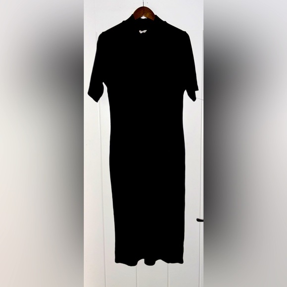 Marine Layer Lexi Rib Knit Mock Neck Shirt Sleeve Black Midi Dress Women XL NEW - Picture 1 of 13